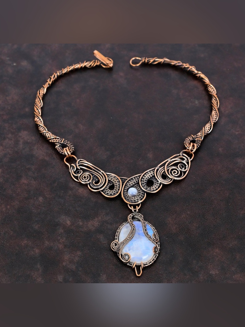 Handcrafted Wire-Wrapped Moonstone Pendant Necklace in Copper